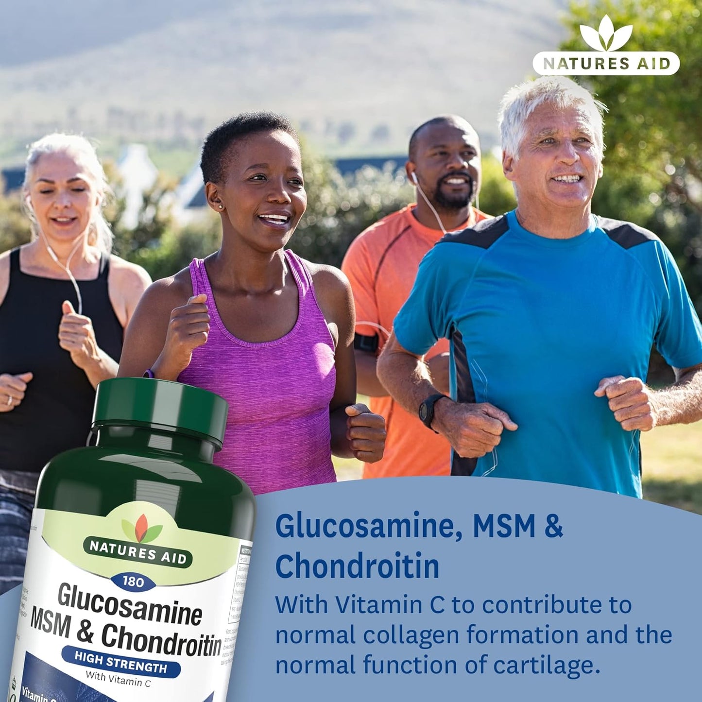 Natures Aid Glucosamine 500mg, MSM 500mg + Chondroitin 100mg Tablets - 180 Count