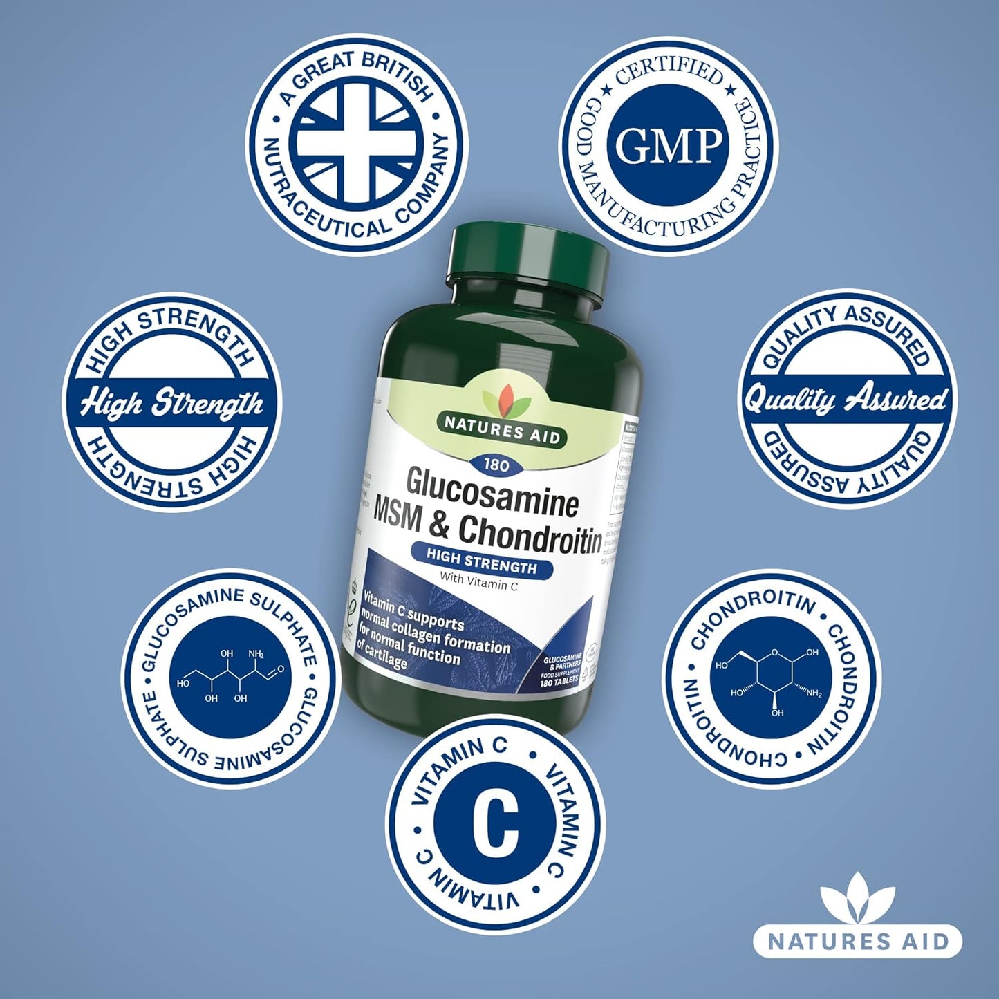 Natures Aid Glucosamine 500mg, MSM 500mg + Chondroitin 100mg Tablets - 180 Count