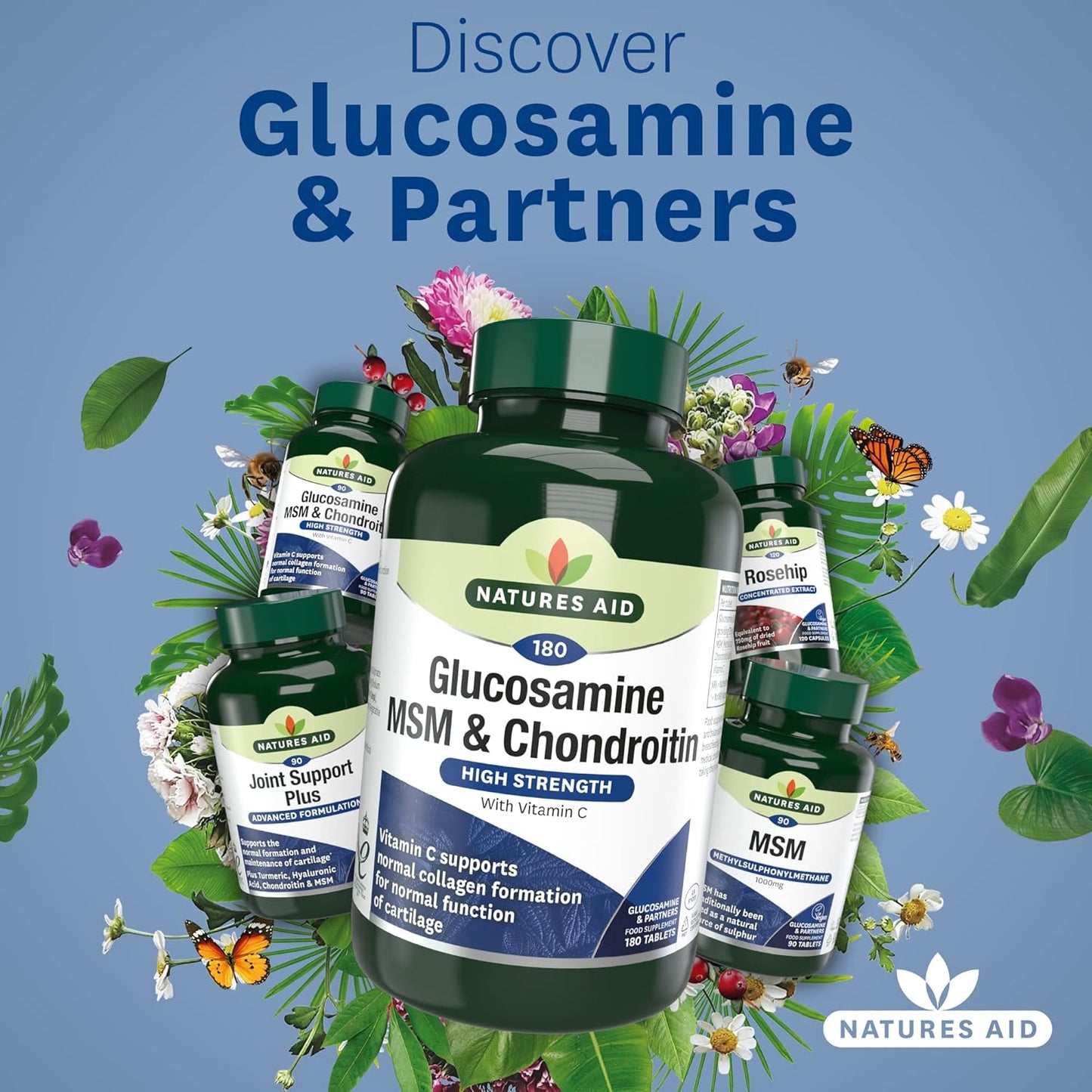 Natures Aid Glucosamine 500mg, MSM 500mg + Chondroitin 100mg Tablets - 180 Count