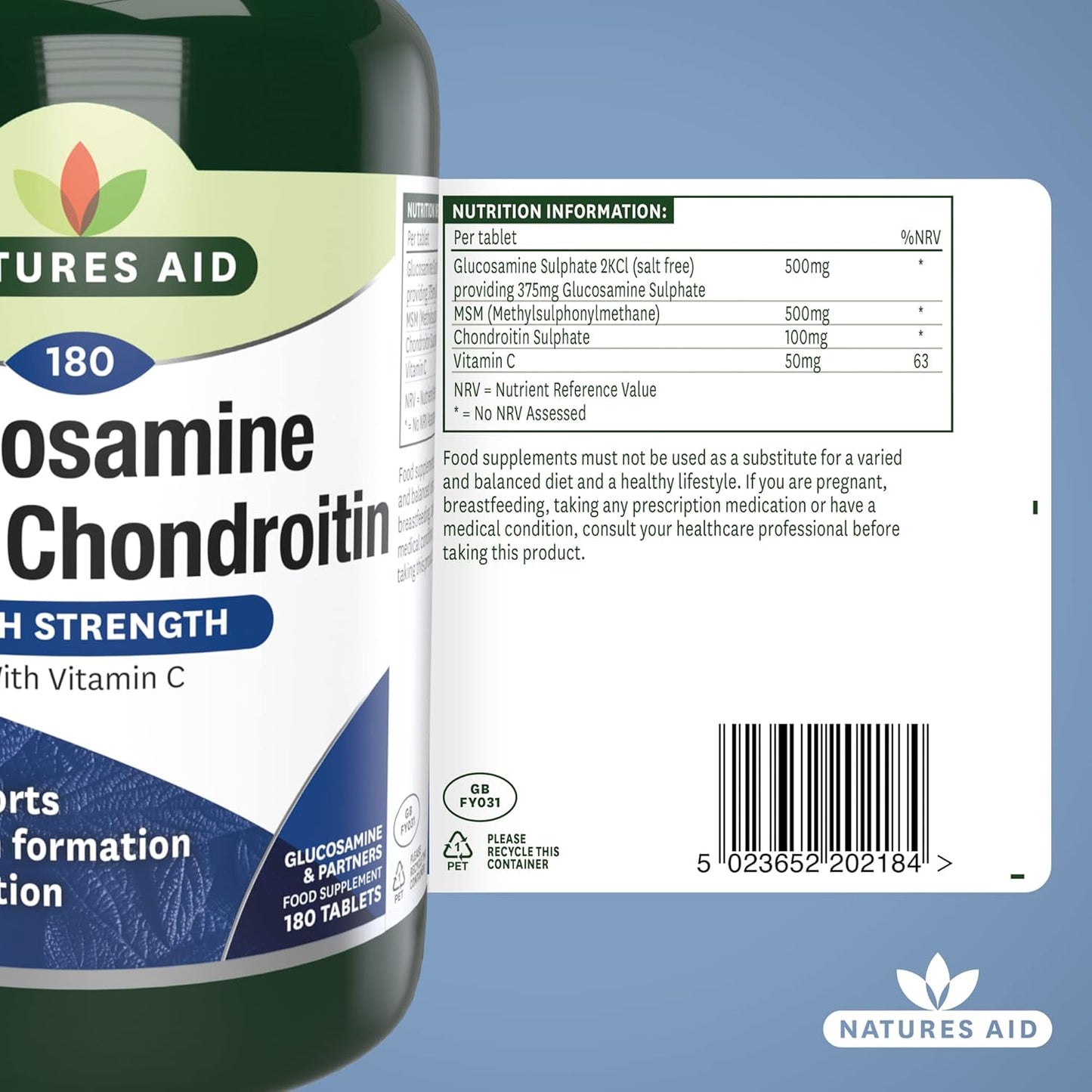 Natures Aid Glucosamine 500mg, MSM 500mg + Chondroitin 100mg Tablets - 180 Count
