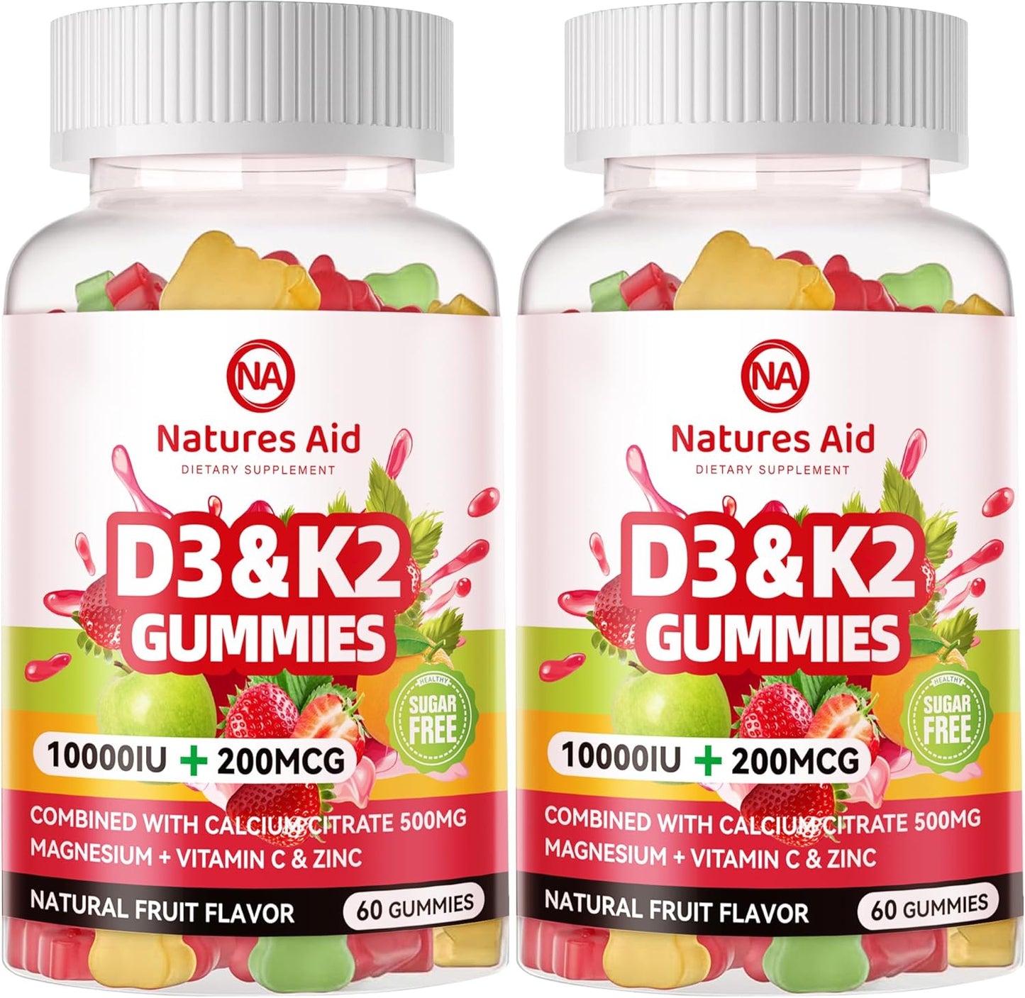 Natures Aid Vegan Vitamin D3 K2 Gummies with Calcium, Magnesium, and Vitamin C - Extra Strength for Bone and Immune Health - 120 Gummies