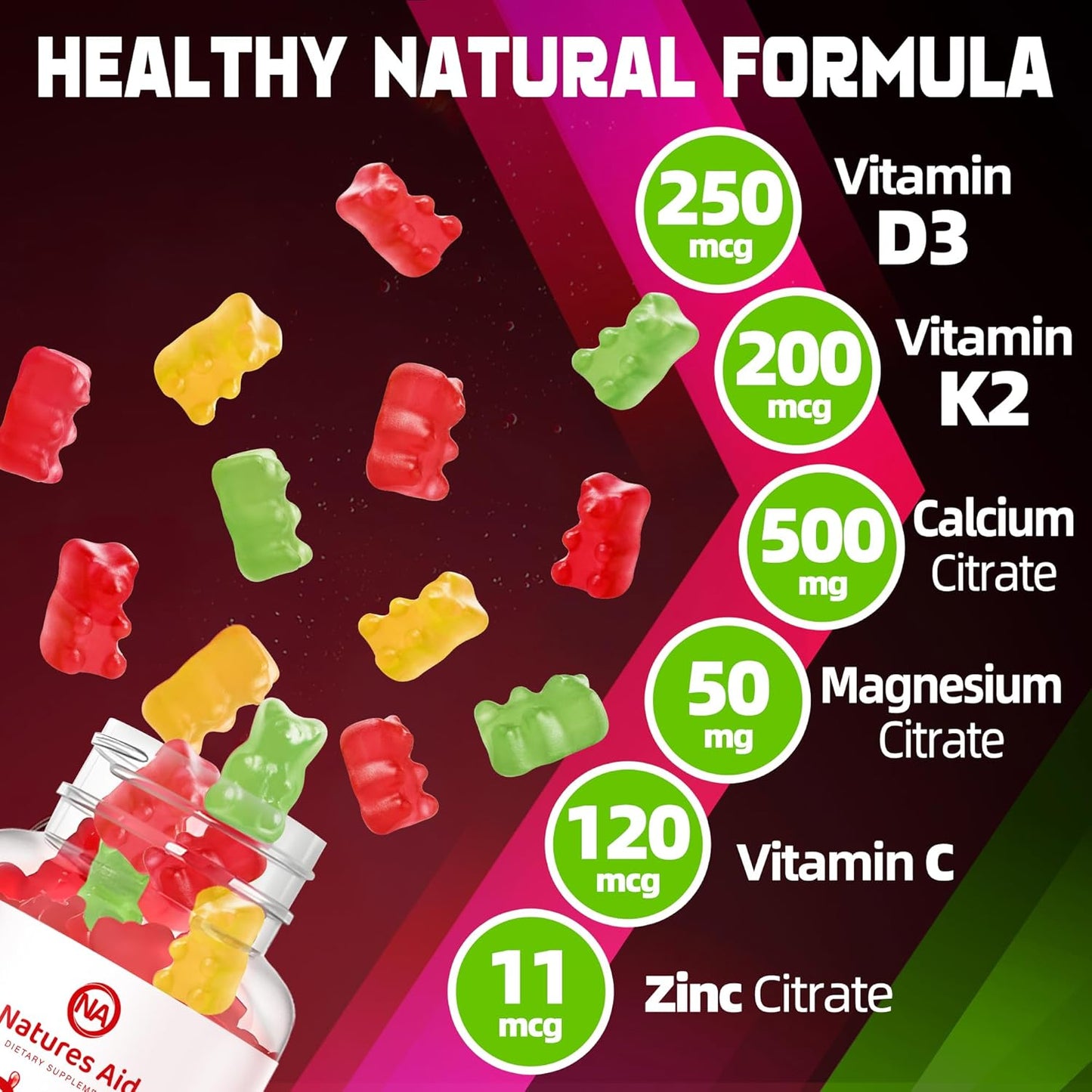 Natures Aid Vegan Vitamin D3 K2 Gummies with Calcium, Magnesium, and Vitamin C - Extra Strength for Bone and Immune Health - 120 Gummies