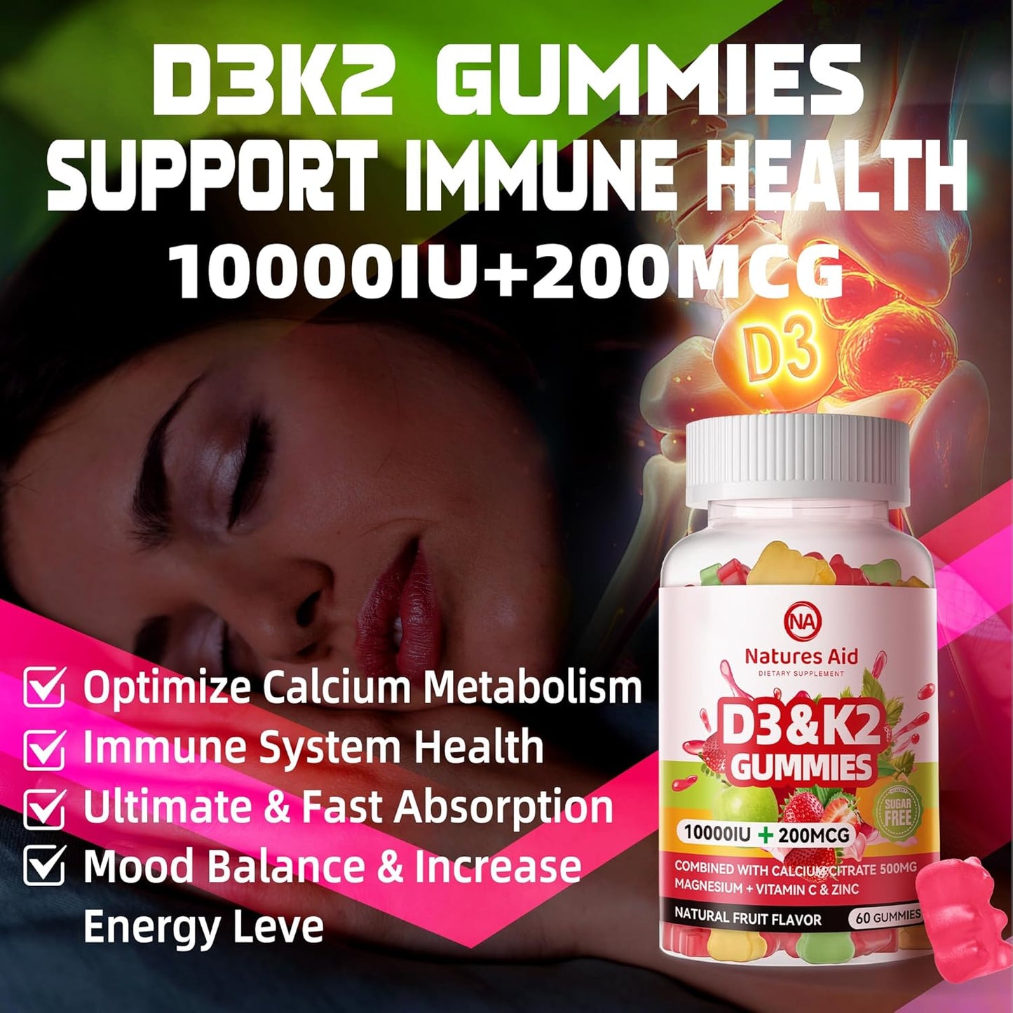 Natures Aid Vegan Vitamin D3 K2 Gummies with Calcium, Magnesium, and Vitamin C - Extra Strength for Bone and Immune Health - 120 Gummies