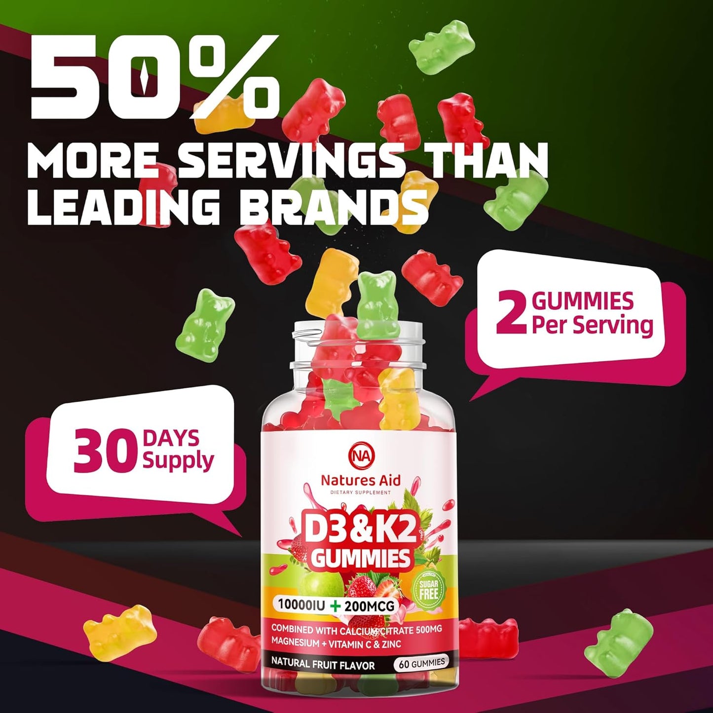 Natures Aid Vegan Vitamin D3 K2 Gummies with Calcium, Magnesium, and Vitamin C - Extra Strength for Bone and Immune Health - 120 Gummies