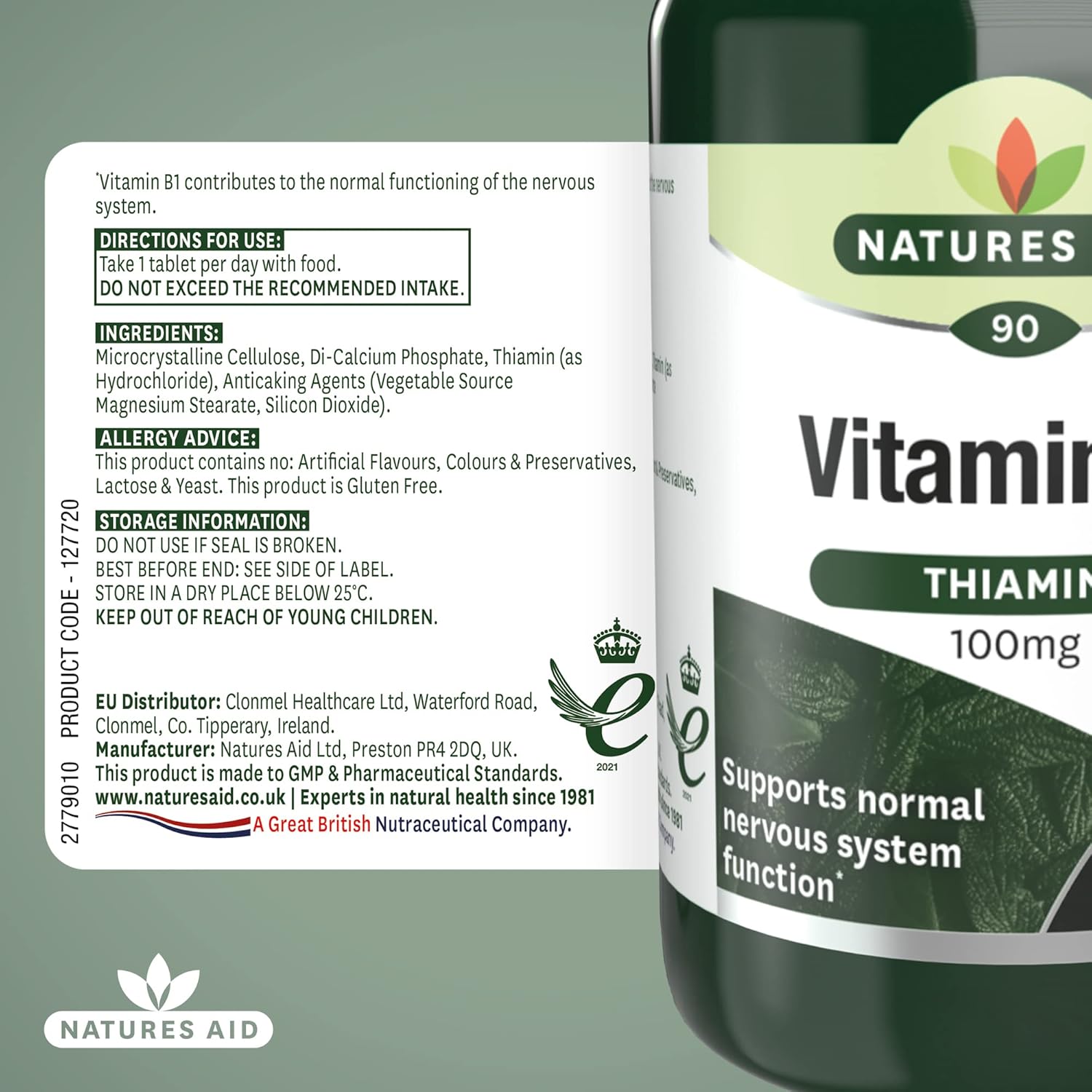 Natures Aid Vitamin B1 Thiamin Hydro 100mg - 90 Tablets for Energy Support