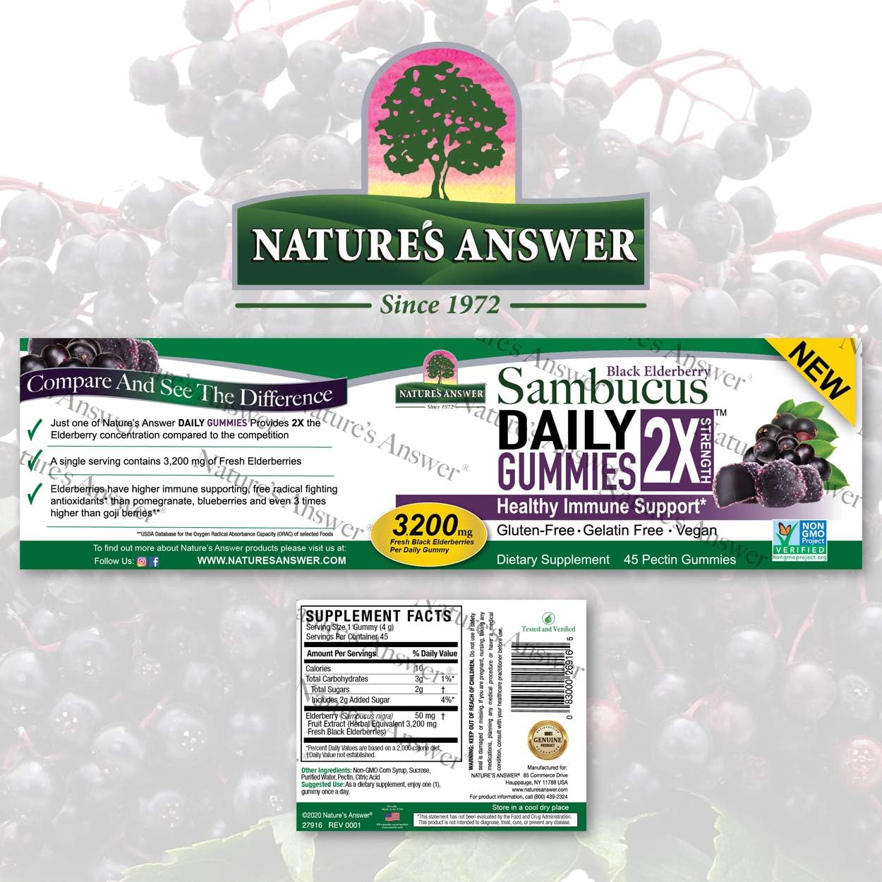 Nature's Answer Sambucus Daily Gummies - High Elderberry Concentration - Gluten-Free, Vegan, Non-GMO - 45 Count