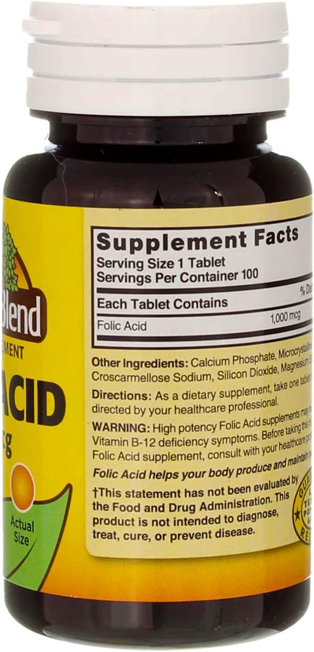 Nature's Blend Folic Acid 1000mcg Tablets - 600 Count (6 x 100ct) Pack for Overall Health and Wellness