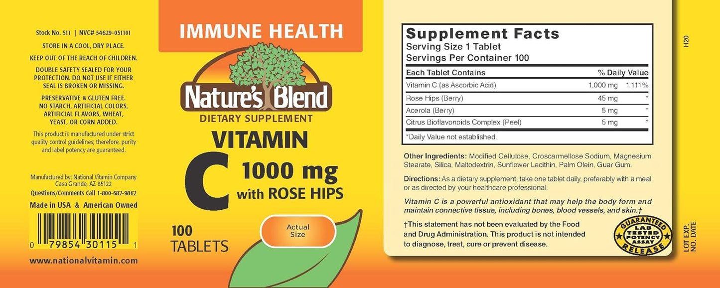 Nature's Blend Vitamin C 1000mg with Rose Hips Tablets - 100 Count Bottle