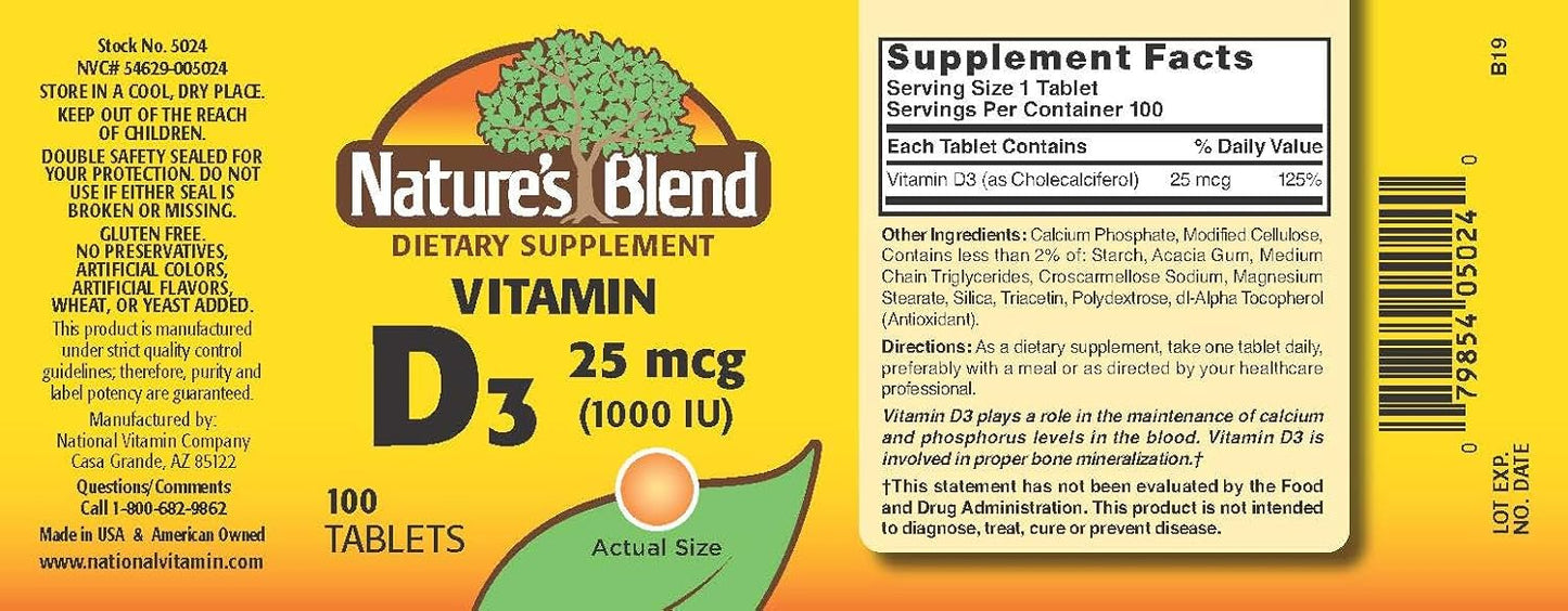 Nature's Blend Vitamin D3 Tablets 1000IU - Pack of 100