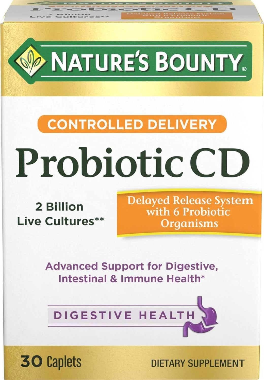 Nature's Bounty Controlled Delivery Probiotic CD Caplets - 30 Caplets per Bottle, Pack of 2