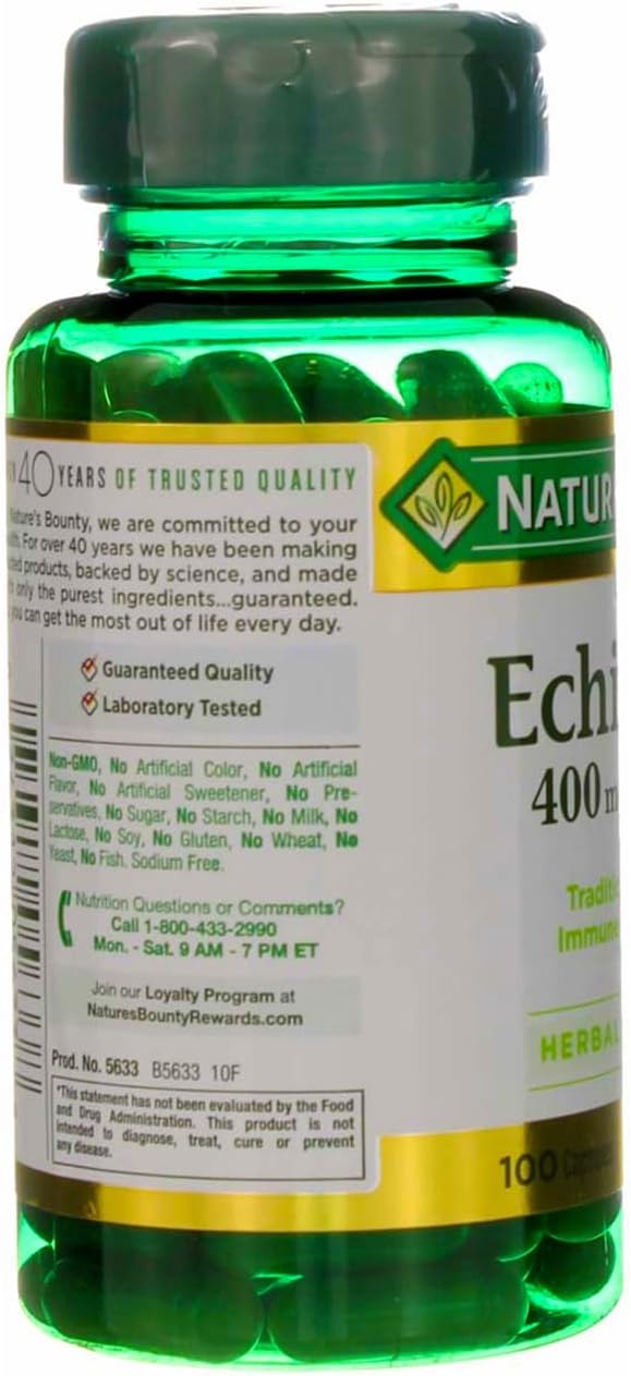 Nature's Bounty Echinacea 400mg Whole Herb Capsules - 100 Count x 2 Pack - Natural Immune Support Supplement