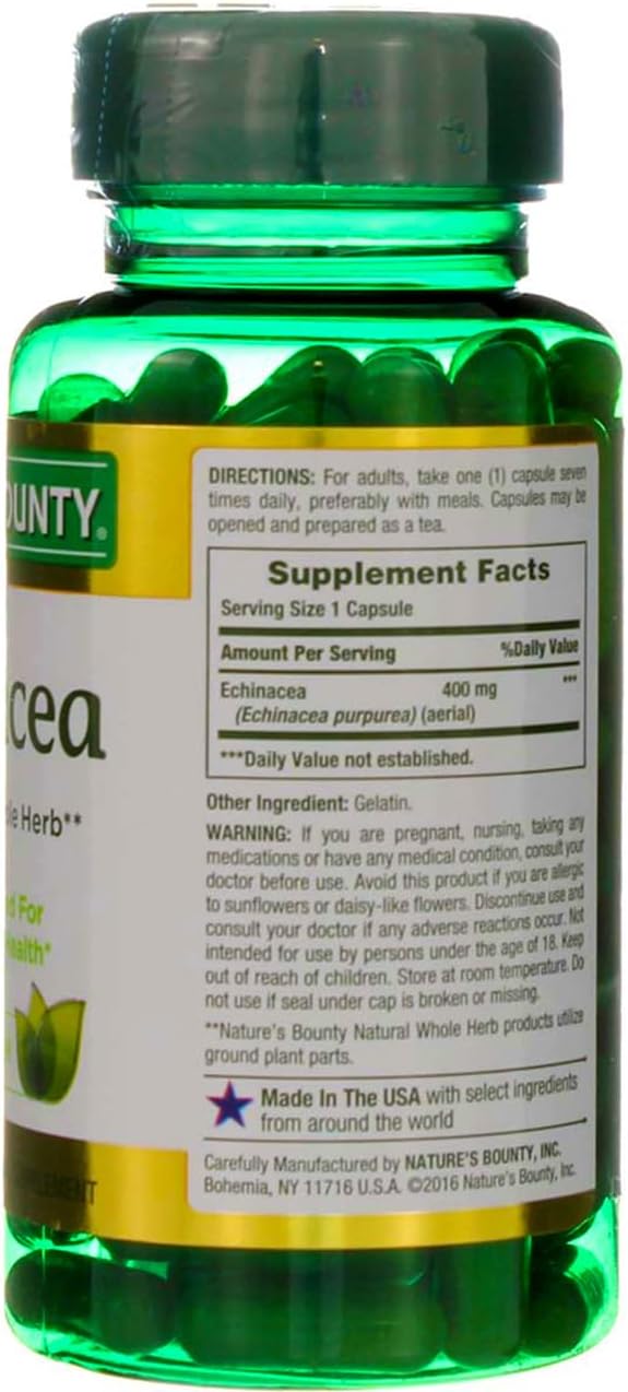Nature's Bounty Echinacea 400mg Whole Herb Capsules - 100 Count x 2 Pack - Natural Immune Support Supplement