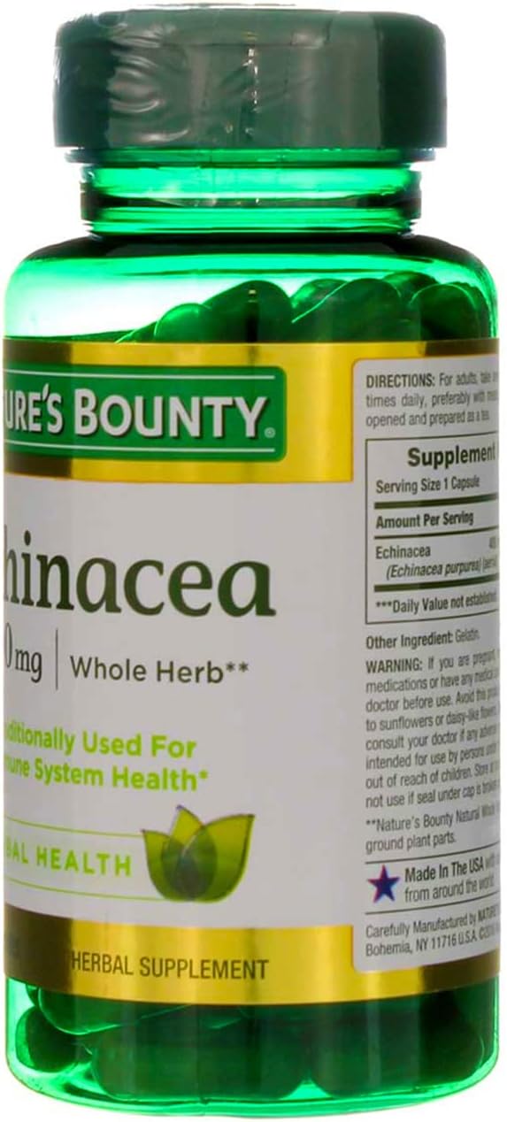 Nature's Bounty Echinacea 400mg Whole Herb Capsules - 100 Count x 2 Pack - Natural Immune Support Supplement