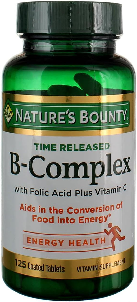 Nature's Bounty Vitamin B-Complex with Folic Acid and Vitamin C, 125 Time-Released Tablets - Pack of 3, Supports Energy and Nervous System Health