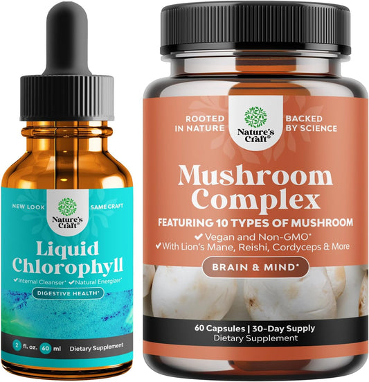 Natures Craft Chlorophyll Liquid Drops and Brain Focus Mushroom Supplement Bundle - Anti Aging, Immune Support, Natural Sugar Balance