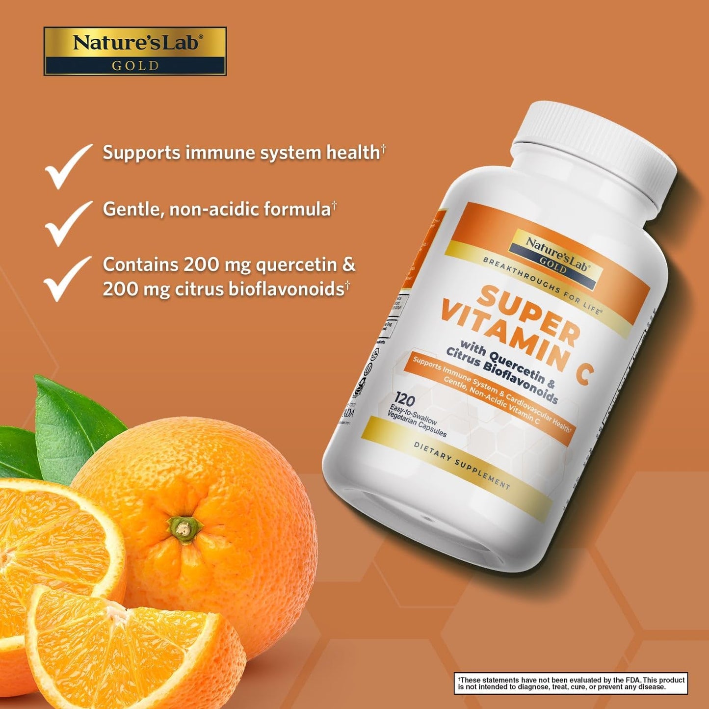 Nature's Lab Gold Super Vitamin C 1000mg Capsules with Bioflavonoids Complex & Quercetin for Immune Support - Non-Acidic, Non-GMO, Gluten Free, Vegan - 120 Count