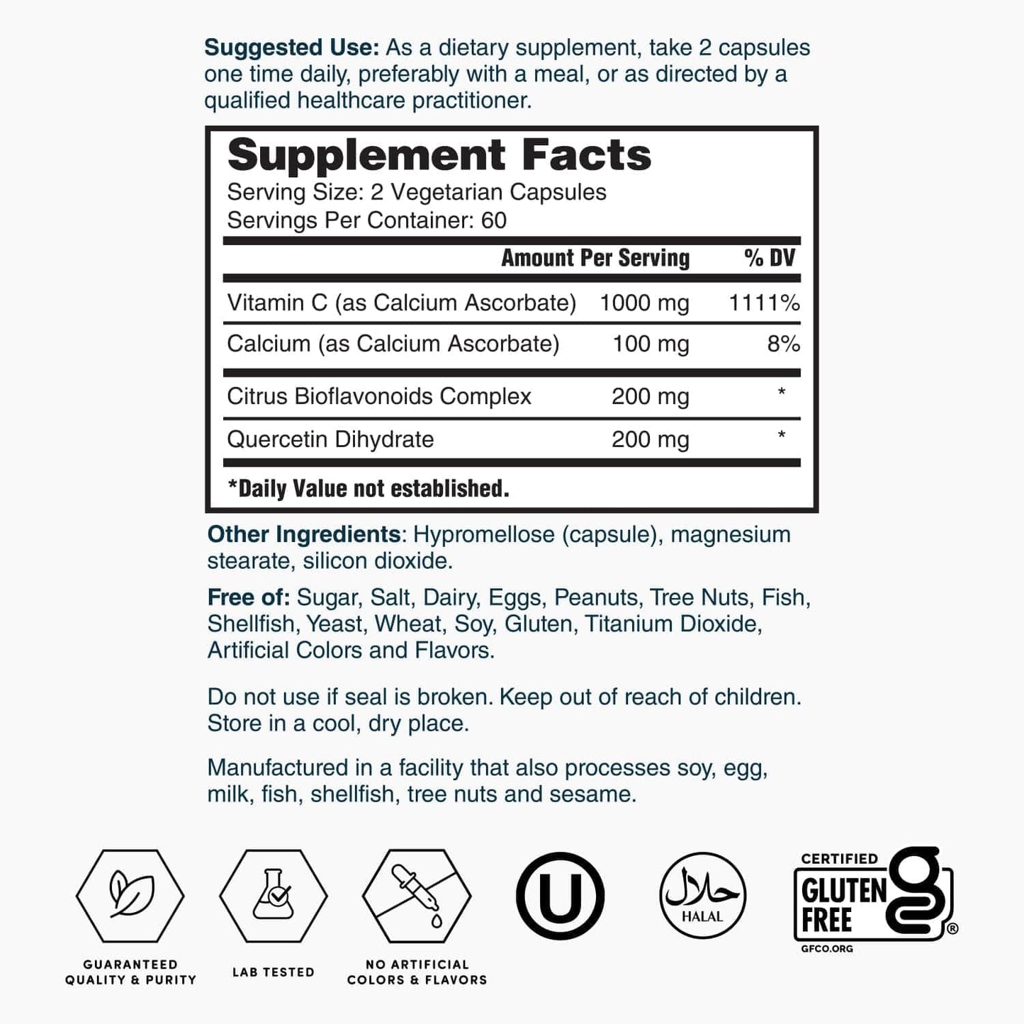 Nature's Lab Gold Super Vitamin C 1000mg Capsules with Bioflavonoids Complex & Quercetin for Immune Support - Non-Acidic, Non-GMO, Gluten Free, Vegan - 120 Count