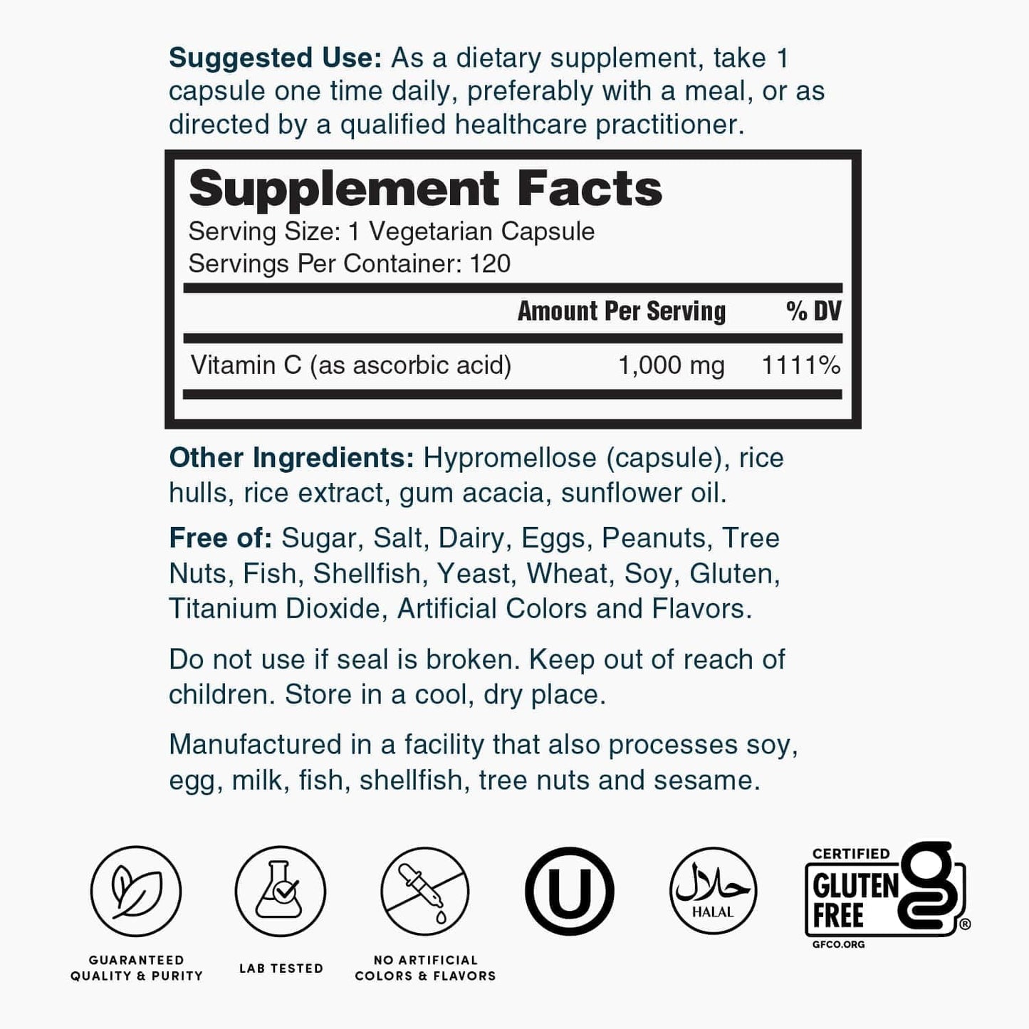 Nature's Lab Vitamin C 1000mg Per Capsule -Supports Immune System Health, 120 Count (Pack of 1)