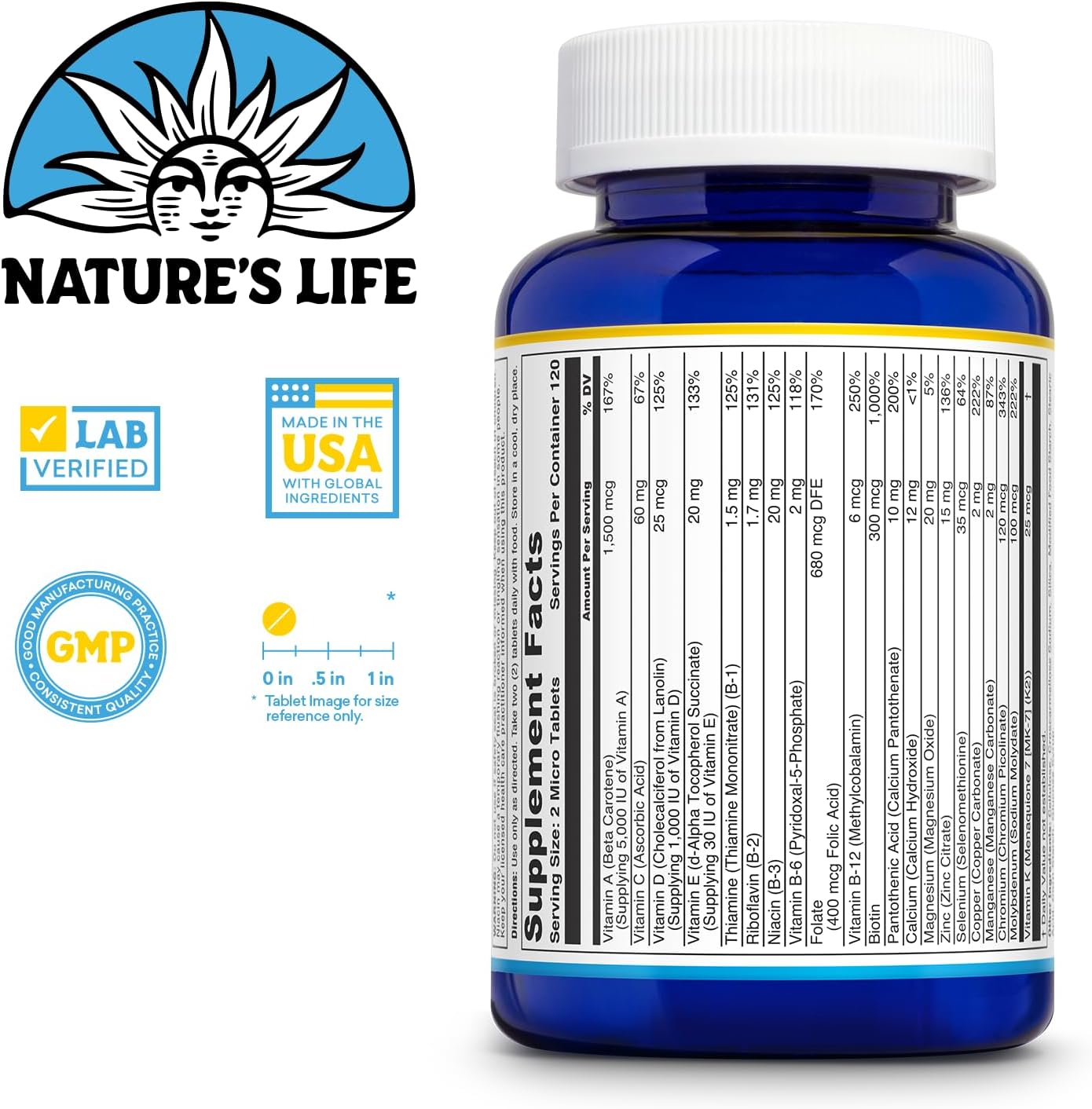Nature's Life Mighty Mini Vite Multivitamin for Women and Men, Vitamin D and B Complex, Immunity and Energy Support, Lab Verified - 120 Servings, 240 Micro Tablets