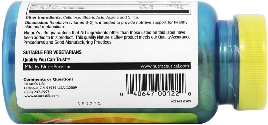 Nature's Life Vitamin B-2 250 mg Tablets - 100 Count