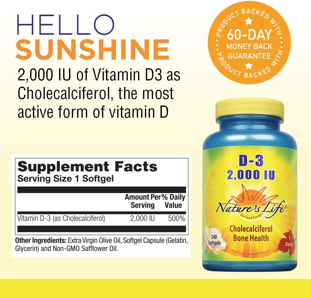 Nature's Life Vitamin D-3 Softgels, Cholecalciferol Supplement, 2000 IU, 240 Capsules