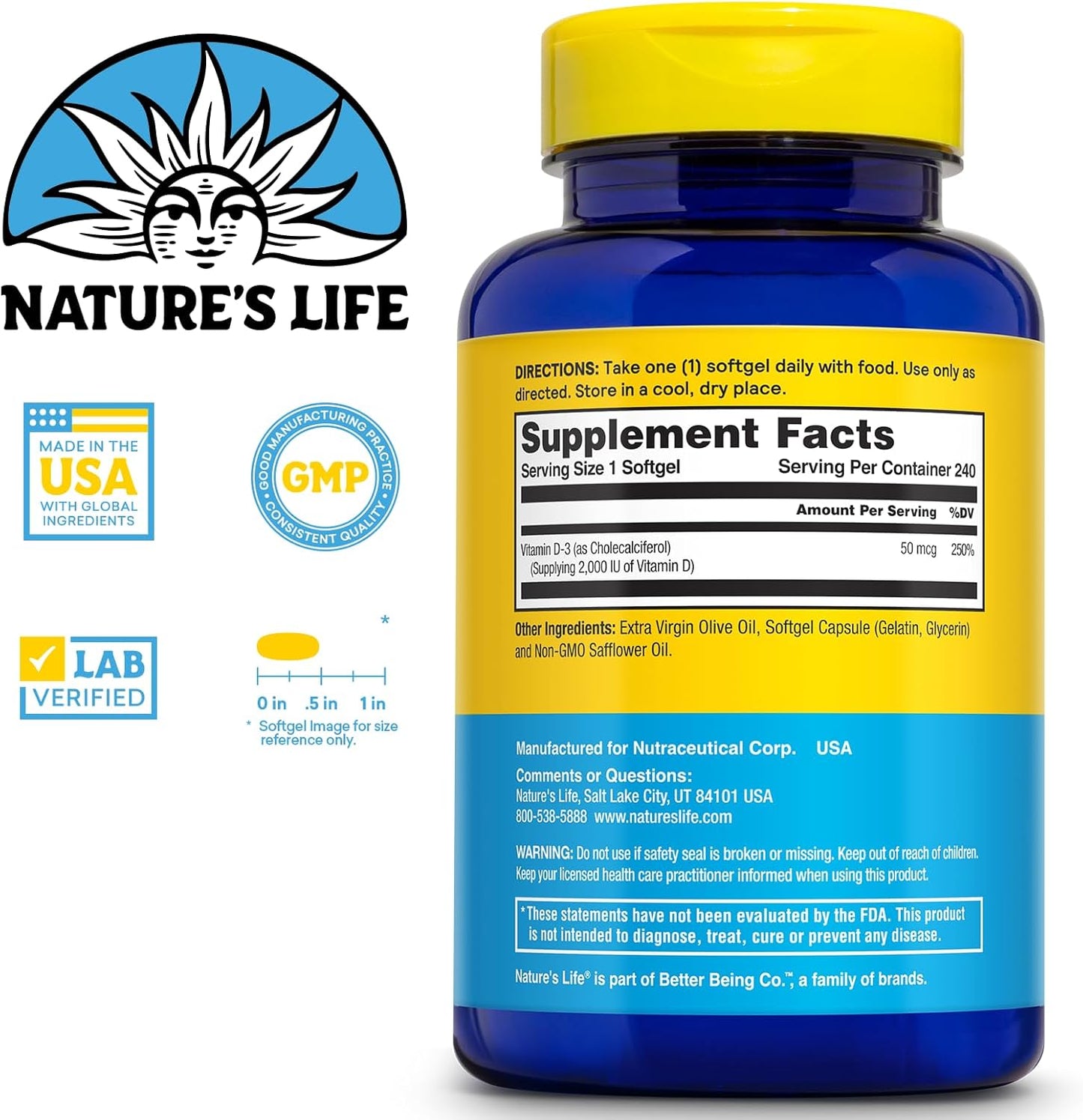 NATURE'S LIFE Vitamin D3 2000 IU Softgels - Bone Health & Immune Support - Lab Verified - 240 Servings