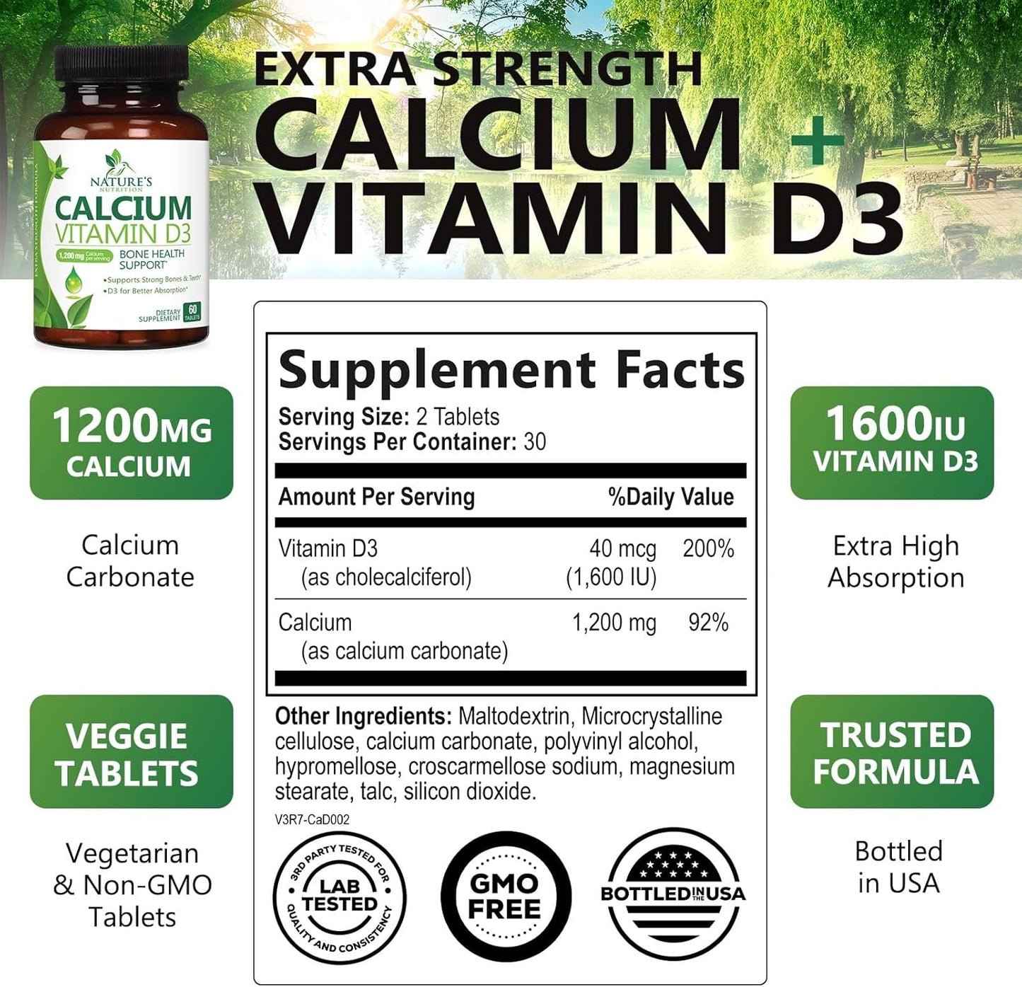 Nature's Nutrition Calcium 1200mg with Vitamin D3 - Bone & Teeth Support - 60 Tablets