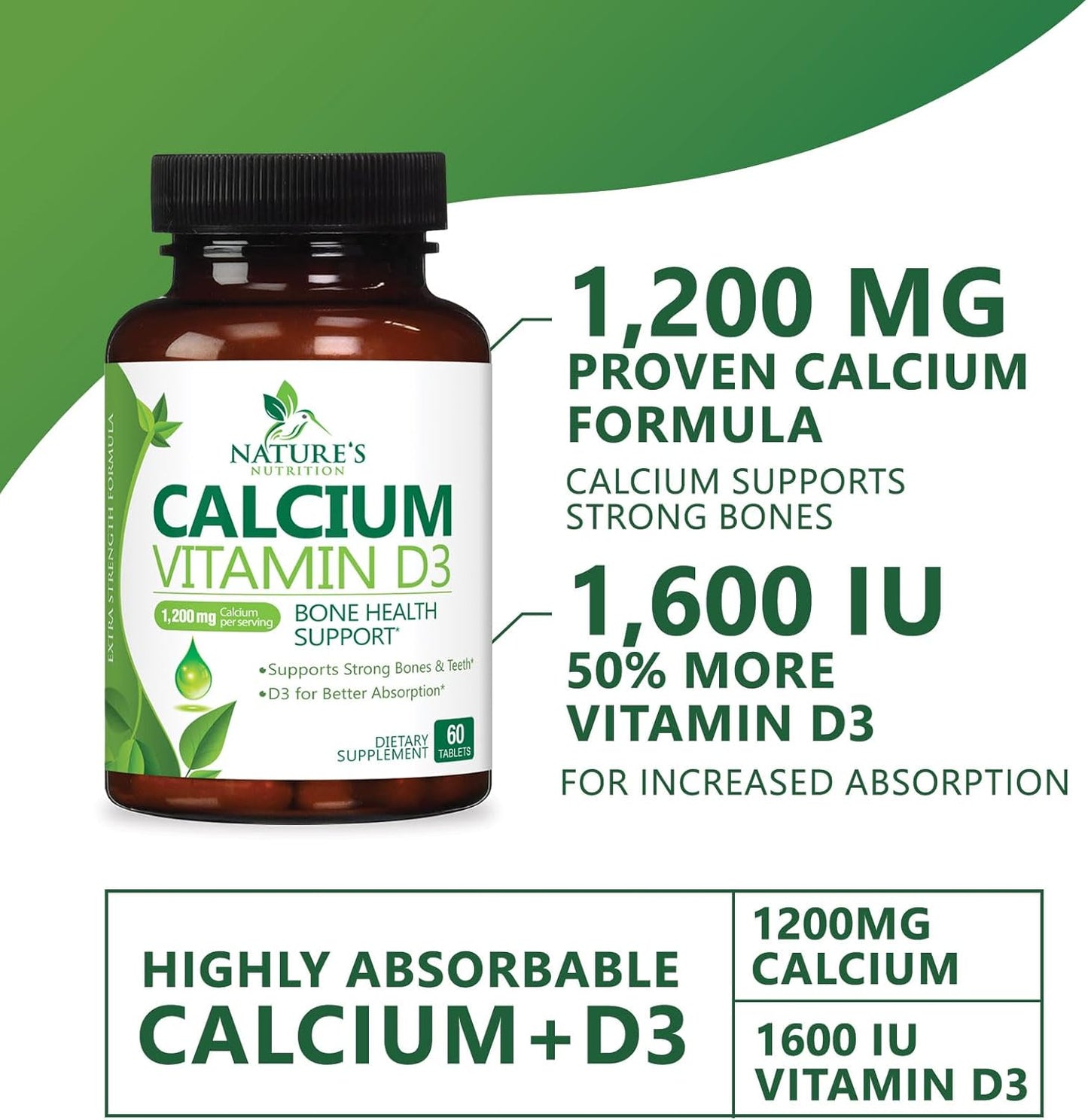 Nature's Nutrition Calcium 1200mg with Vitamin D3 - Bone & Teeth Support - 60 Tablets