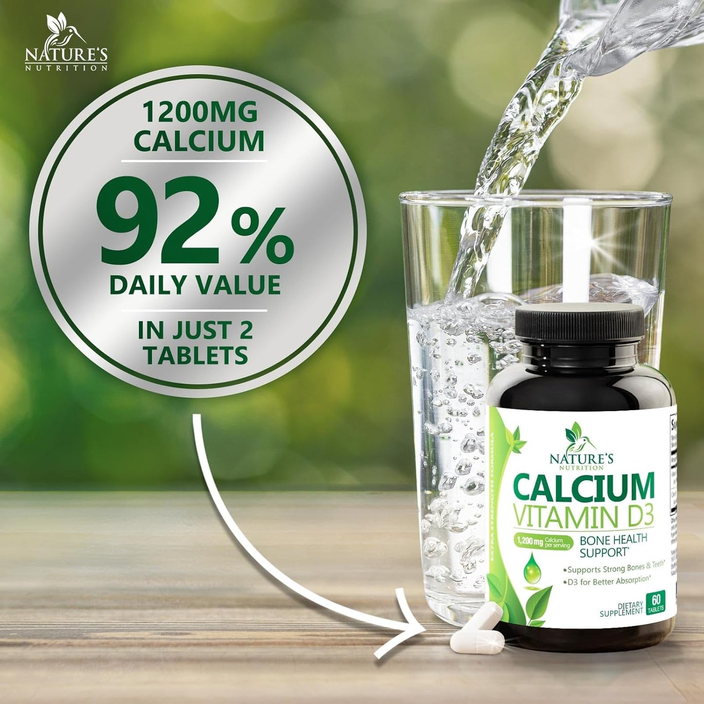 Nature's Nutrition Calcium 1200mg with Vitamin D3 - Bone & Teeth Support - 60 Tablets
