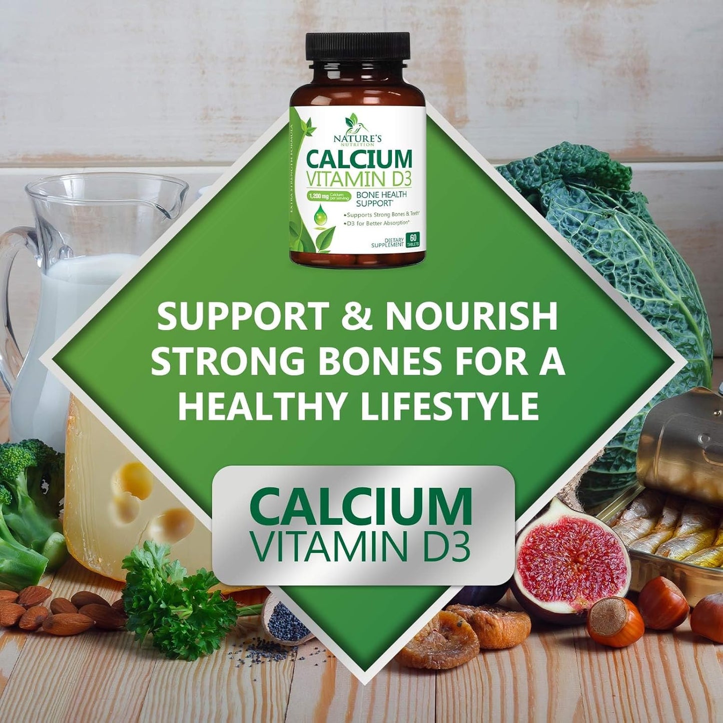 Nature's Nutrition Calcium 1200mg with Vitamin D3 - Bone & Teeth Support - 60 Tablets