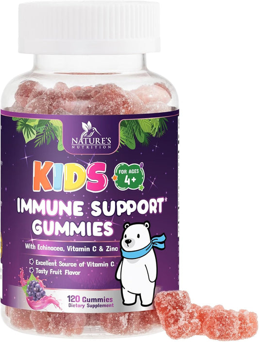 Nature's Nutrition Kids Immune Support Gummy - Vitamin C, Zinc & Echinacea - Vegan & Non-GMO - 120 Gummies for Children Ages 4+ - Natural Berry Flavor