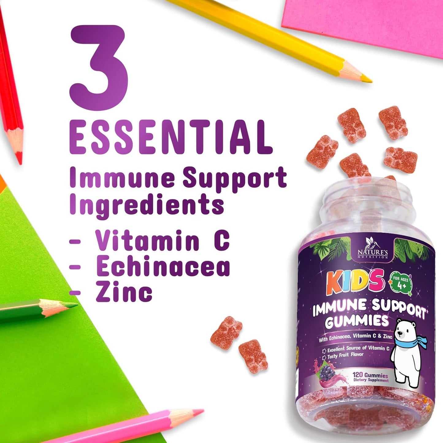 Nature's Nutrition Kids Immune Support Gummy - Vitamin C, Zinc & Echinacea - Vegan & Non-GMO - 120 Gummies for Children Ages 4+ - Natural Berry Flavor