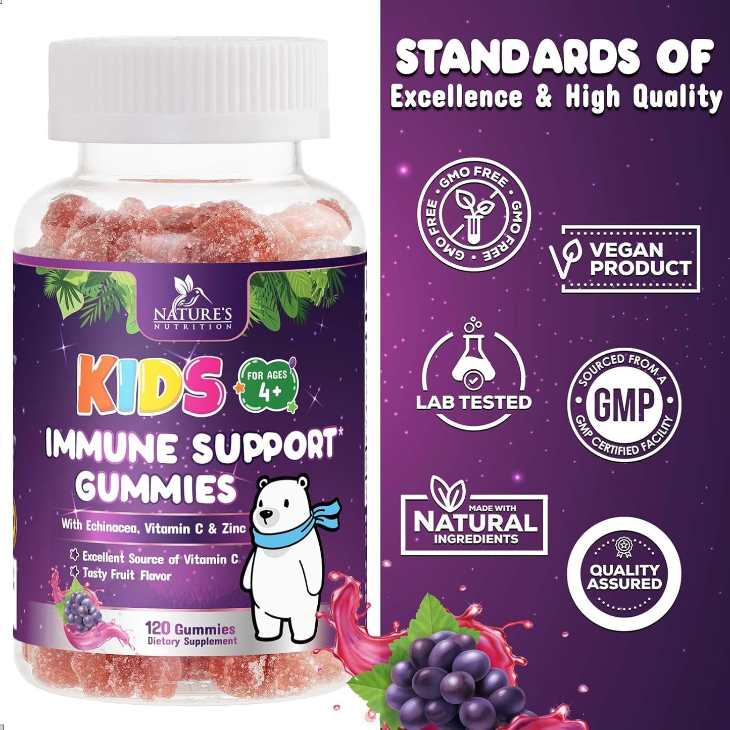Nature's Nutrition Kids Immune Support Gummy - Vitamin C, Zinc & Echinacea - Vegan & Non-GMO - 120 Gummies for Children Ages 4+ - Natural Berry Flavor