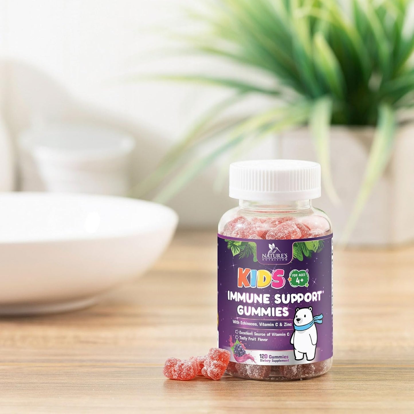 Nature's Nutrition Kids Immune Support Gummy - Vitamin C, Zinc & Echinacea - Vegan & Non-GMO - 120 Gummies for Children Ages 4+ - Natural Berry Flavor