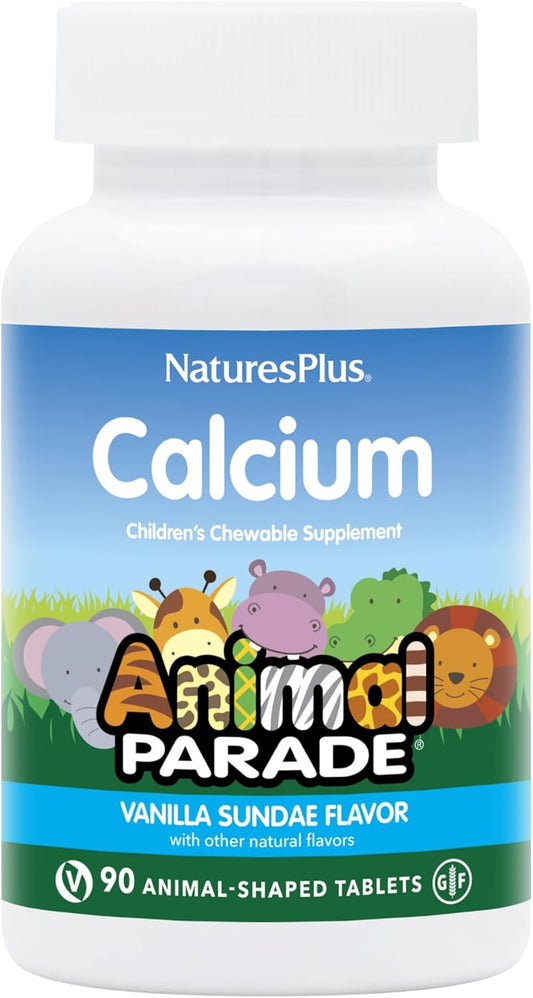 Natures Plus Animal Parade Calcium Chewable Tablets - Vanilla Sundae Flavor, Vegan & Gluten Free - Supports Bone Health - 90 Servings