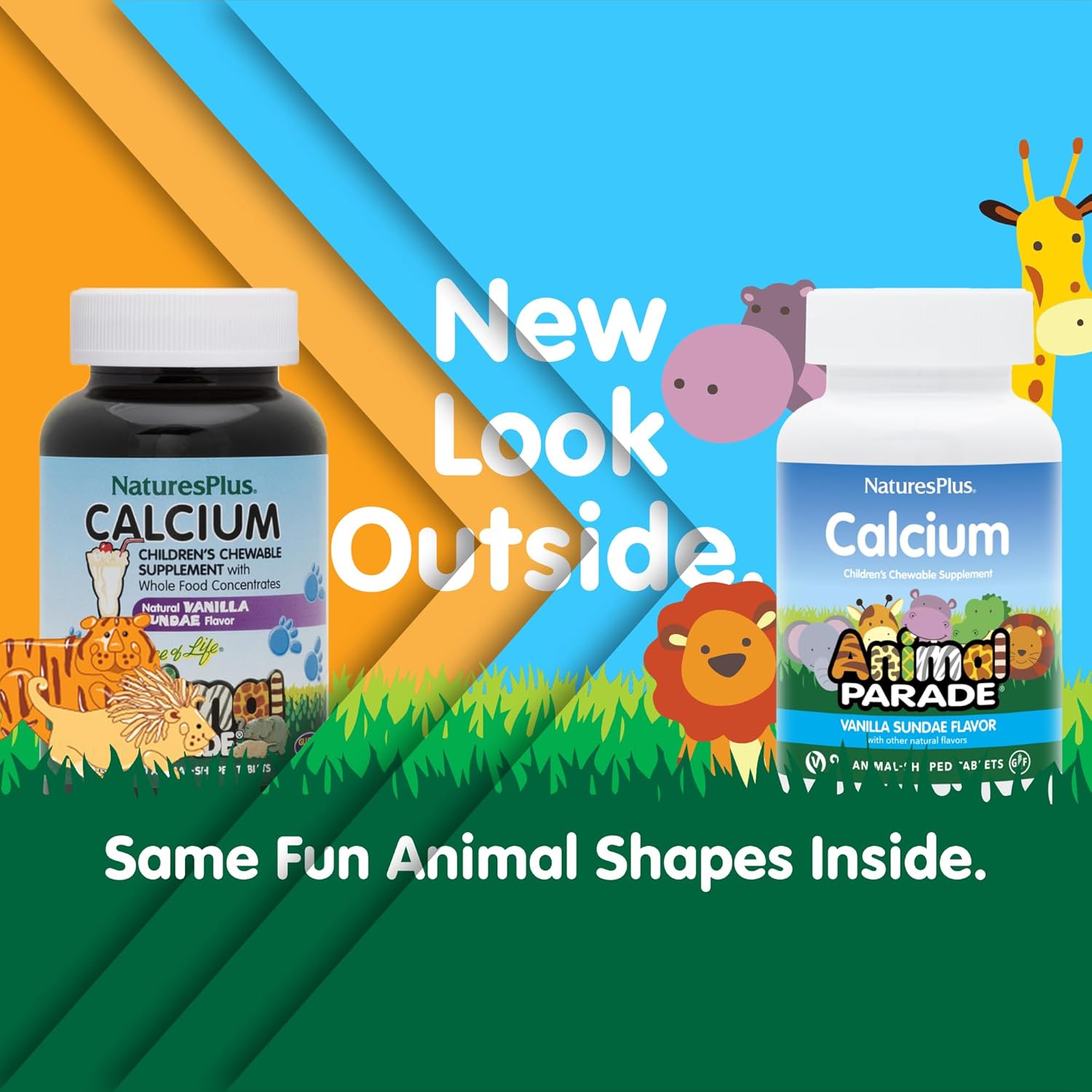 Natures Plus Animal Parade Calcium Chewable Tablets - Vanilla Sundae Flavor, Vegan & Gluten Free - Supports Bone Health - 90 Servings