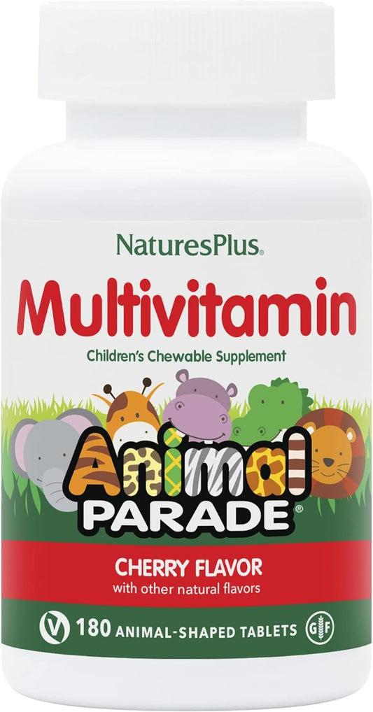 Natures Plus Animal Parade Cherry Chewable Multivitamin Tablets for Kids - 180 Count - Vegetarian, Gluten Free - Promotes Children's Health & Well-Being