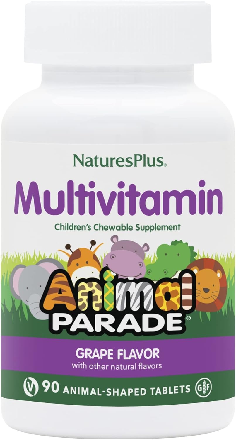 Natures Plus Animal Parade Children's Chewable Multivitamin - Grape Flavor - 90 Animal-Shaped Tablets - Vegetarian & Gluten-Free - Supports Health & Wellness - 45 Servings
