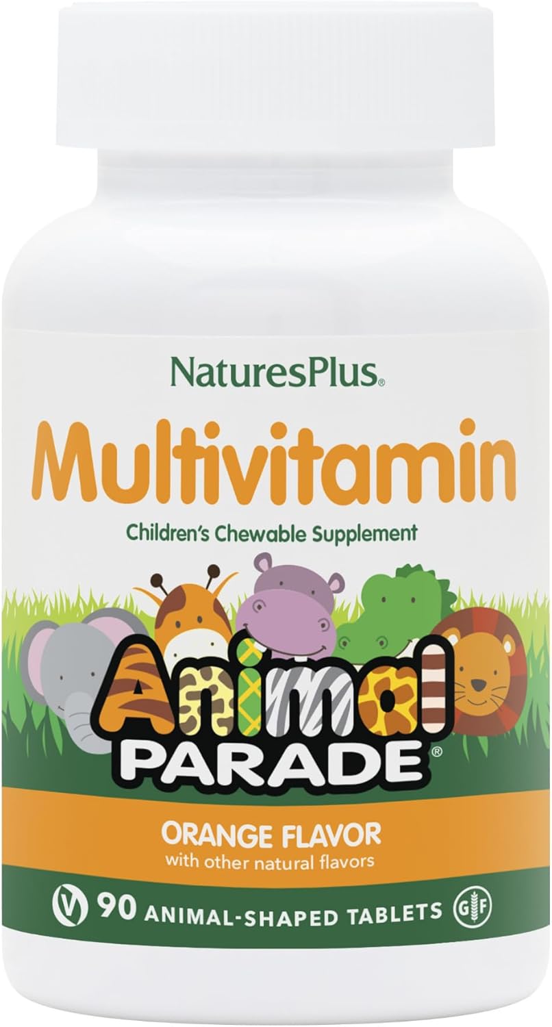Natures Plus Animal Parade Children's Multivitamin - Orange Chewables - 90 Animal-Shaped Tablets - Promotes Health - Vegetarian & Gluten-Free - 45 Servings