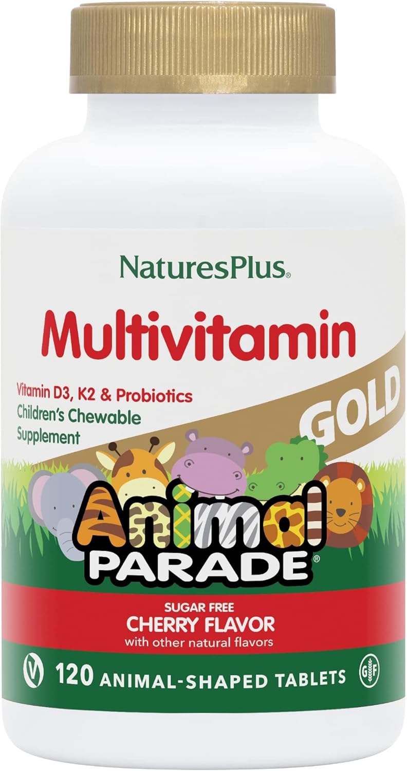 Natures Plus Animal Parade Gold Kids Chewable Multivitamin - Cherry Flavor - 60 Animal-Shaped Tablets - Vitamin D3, K2, Probiotics - Vegetarian & Gluten-Free - 120 Servings