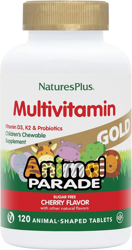 Natures Plus Animal Parade Gold Kids Chewable Multivitamin - Cherry Flavor - 60 Animal-Shaped Tablets - Vitamin D3, K2, Probiotics - Vegetarian & Gluten-Free - 120 Servings