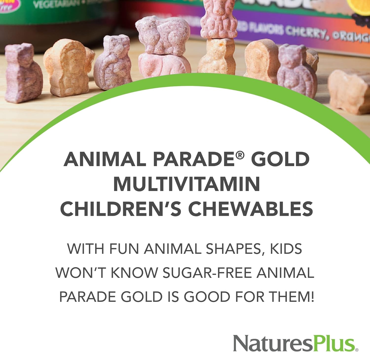 Natures Plus Animal Parade Gold Kids Chewable Multivitamin - Cherry Flavor - 60 Animal-Shaped Tablets - Vitamin D3, K2, Probiotics - Vegetarian & Gluten-Free - 120 Servings