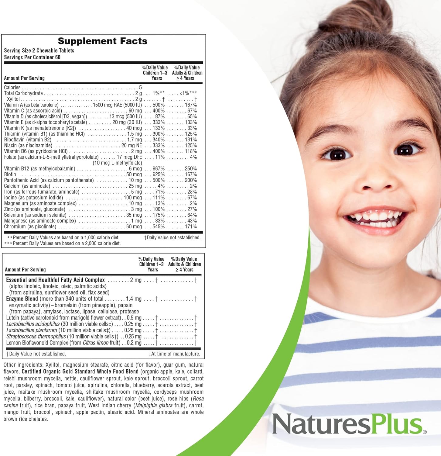 Natures Plus Animal Parade Gold Kids Chewable Multivitamin - Cherry Flavor - 60 Animal-Shaped Tablets - Vitamin D3, K2, Probiotics - Vegetarian & Gluten-Free - 120 Servings