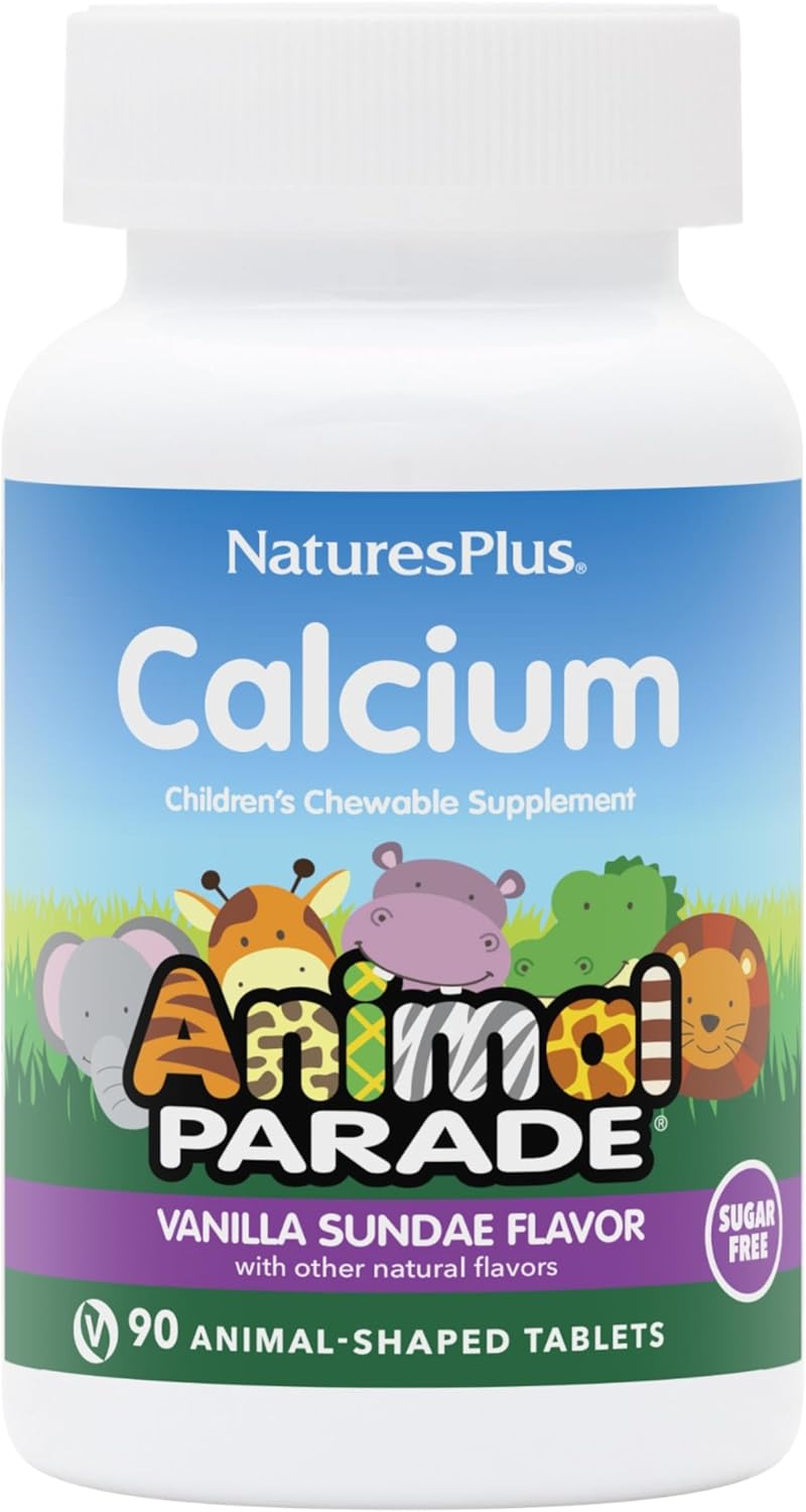 Natures Plus Animal Parade Sugar-Free Calcium Tablets - Vanilla Sundae Flavor - 90 Chewables - Magnesium for Bone Health - Gluten Free - 45 Servings