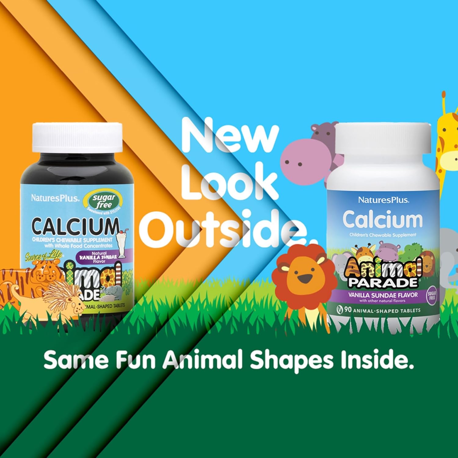 Natures Plus Animal Parade Sugar-Free Calcium Tablets - Vanilla Sundae Flavor - 90 Chewables - Magnesium for Bone Health - Gluten Free - 45 Servings