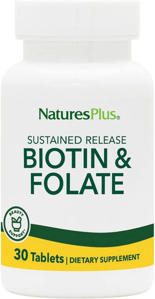 Natures Plus Biotin & Folic Acid (Methylfolate) Sustained Release Tablets - Hair Growth & Energy Support - 30 Vegetarian Servings