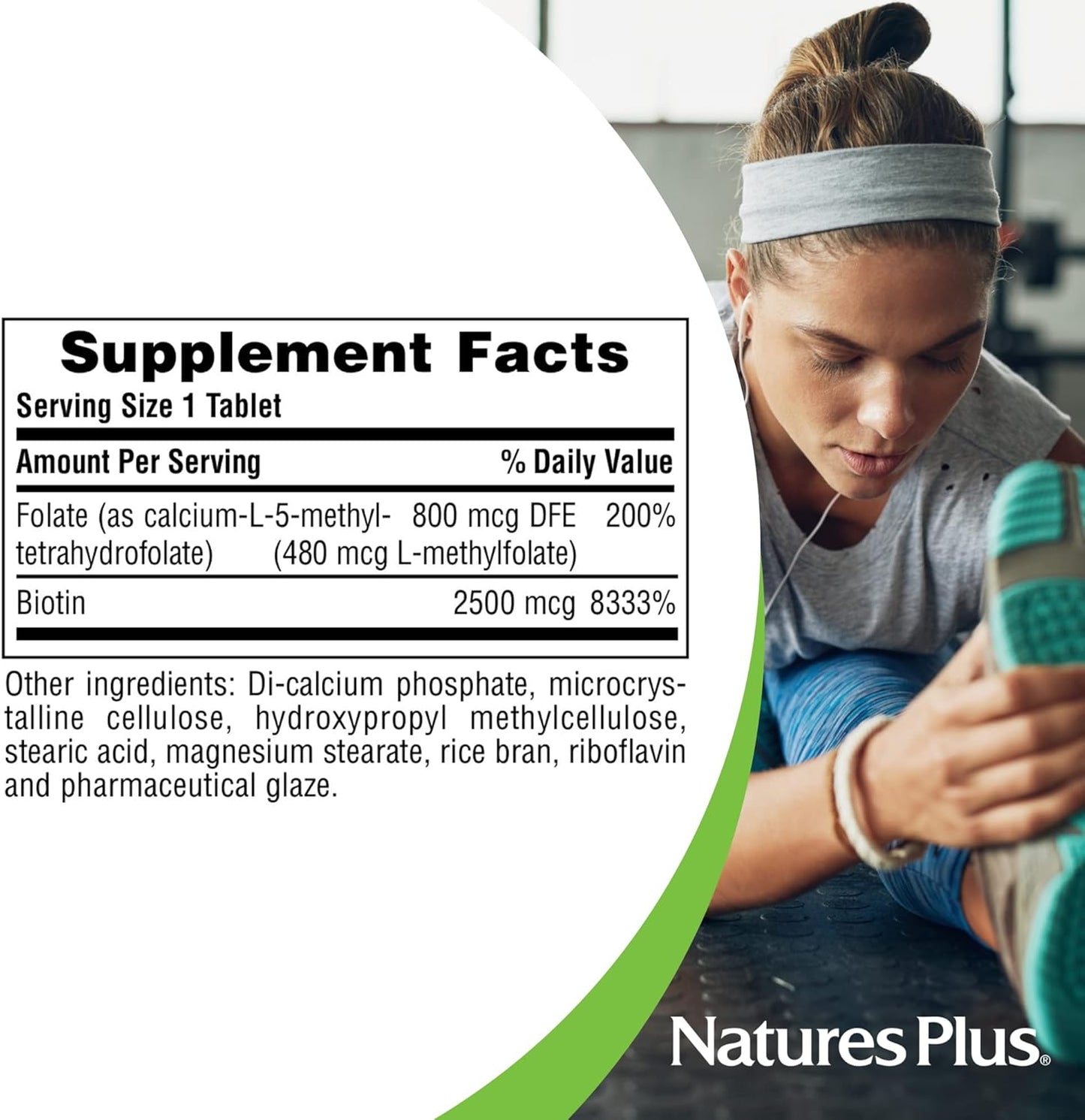 Natures Plus Biotin & Folic Acid (Methylfolate) Sustained Release Tablets - Hair Growth & Energy Support - 30 Vegetarian Servings