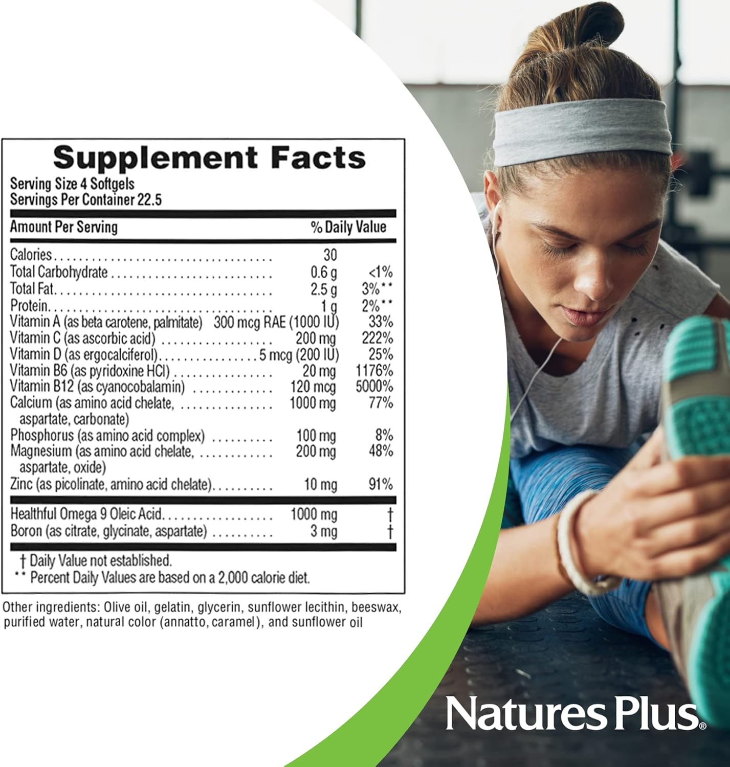 Natures Plus Bone Power with Boron - 1000 mg Calcium Softgels for Bone & Joint Support - High Absorption Liquid Calcium Supplement