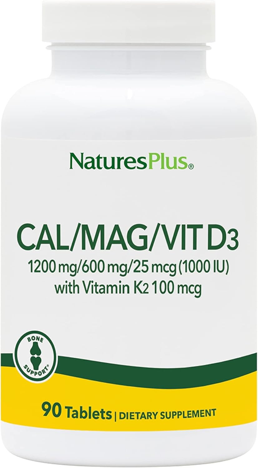 Natures Plus Calcium Magnesium Vitamin D3 K2 Tablets - Bone & Immune Health Support - Vegetarian Gluten Free - 90 Tabs - 22.5 Servings