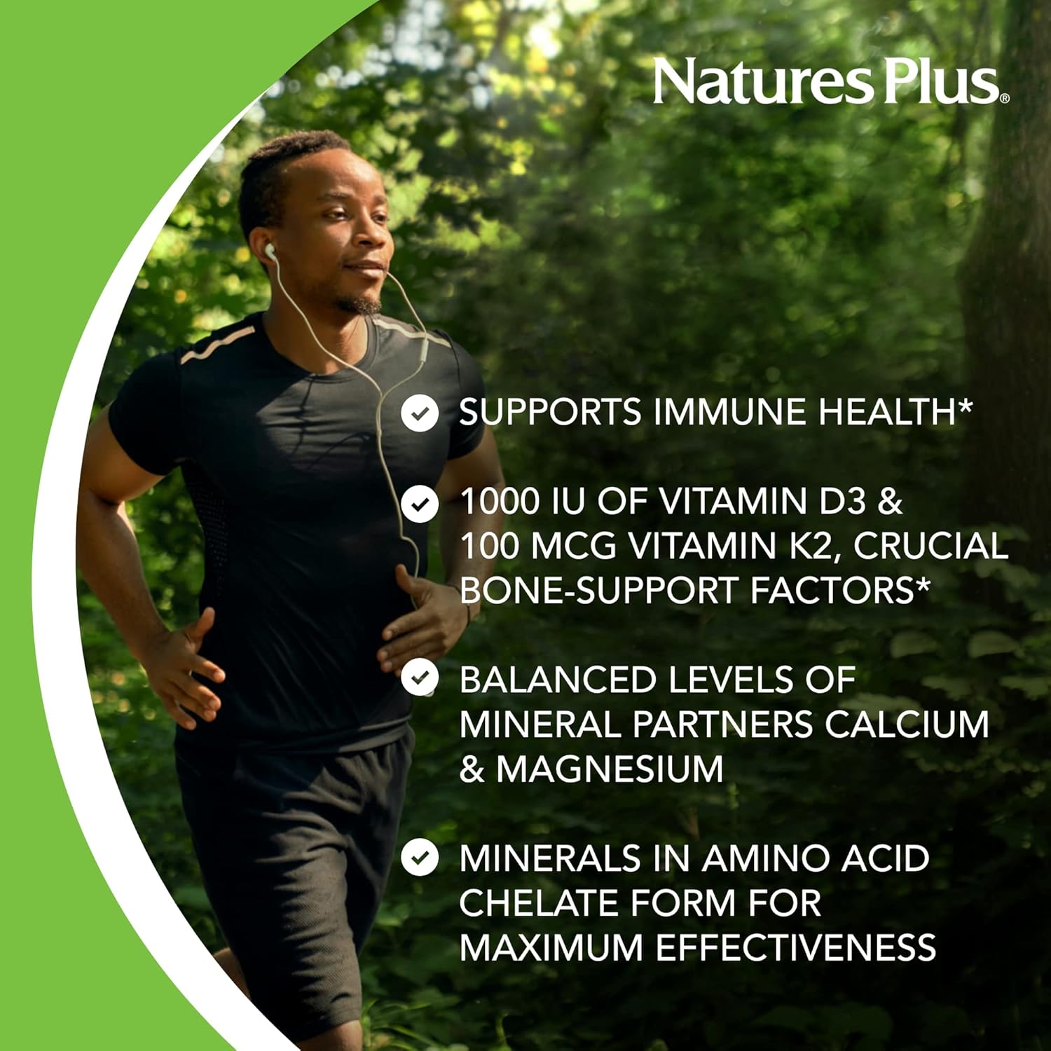 Natures Plus Calcium/Magnesium/Vitamin D3 with Vitamin K2 - Bone & Immune Health - Vegetarian - 180 Tablets
